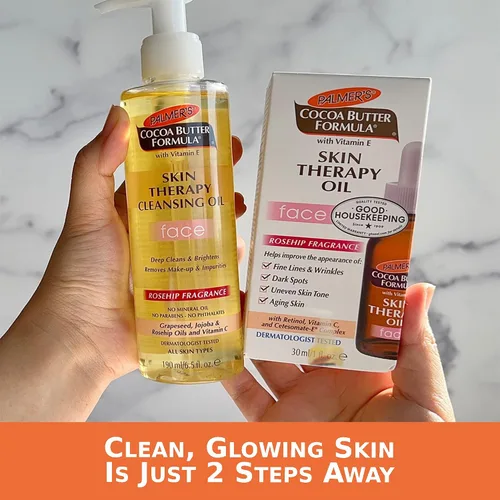 Vista 2 de Palmer's Aceite facial + aceite limpiador facial, manteca de cacao con vitamina E y fragancia de rosa mosqueta, paquete de cuidado de la piel