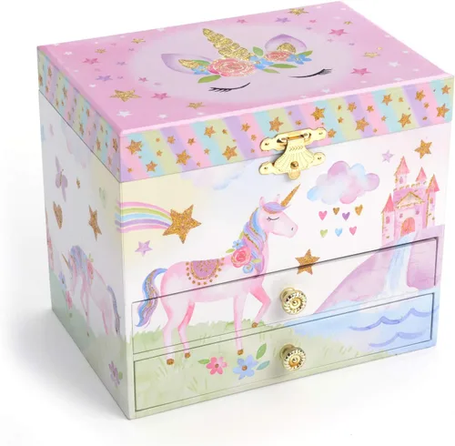 Vista 2 de Jewelkeeper Caja de música de unicornio y juego de joyas para niñas pequeñas 3 regalos de unicornio para niñas caja de joyería de unicornio