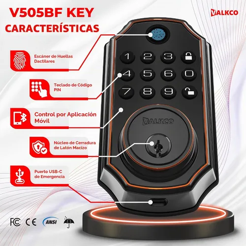 Vista 2 de VALKCO Cerradura de puerta inteligente V5O5BF, cerradura de puerta de entrada sin llave con teclado y control de aplicación Bluetooth, cerrojo