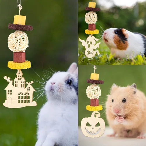 Vista 6 de Abizoo Juguetes masticables de conejillo de indias de Halloween, 3 piezas de juguetes de conejo, conejito de hámster, golosinas de madera para ratas