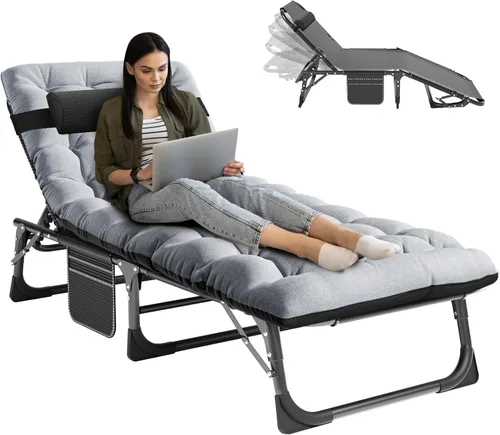 Vista 8 de NAIZEA Catre plegable de camping con alfombrilla para adultos, silla de descanso ajustable al aire libre, cama de dormir resistente, catres de Silla