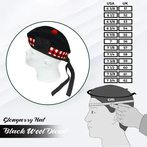 Vista 2 de Gorra Glengarry - Sombrero escocés tradicional, 100% lana, lana acrílica tartán, accesorios para kilts/gaitas, cinta de algodón de poliéster Negro