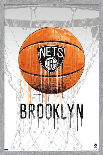 Vista 12 de Trends International NBA Brooklyn Nets - Póster de pared Drip Basketball 21, 14.725 x 22.375 pulgadas, versión enmarcada de madera de granero