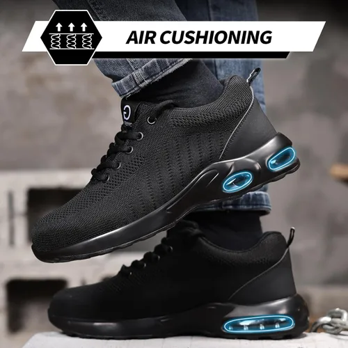 Vista 4 de GLANOUDUN Zapatos de punta de acero para hombre, zapatos de trabajo negros, zapatos de seguridad ligeros para hombres, zapatos de seguridad