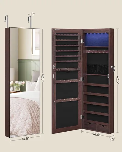 Vista 6 de SONGMICS Gabinete colgante de joyería, gabinete de pared con luces interiores LED, organizador de joyas montado en la puerta, espejo de cuerpo