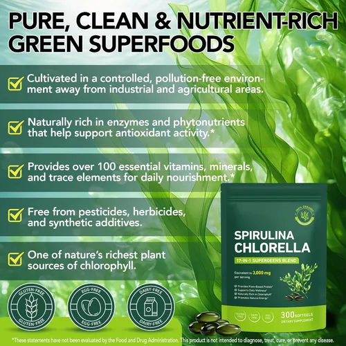 Vista 2 de Cápsulas de Clorella de Espirulina Orgánica,Suplemento sin OMG y sin gluten,300 cápsulas blandas