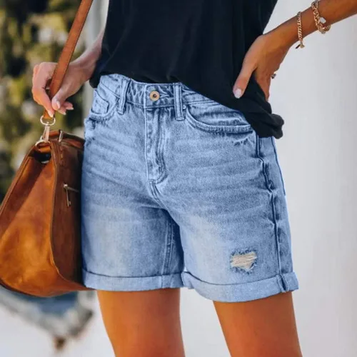 Vista 7 de Gecau Pantalones cortos de mezclilla casuales para mujer, pantalones cortos de mezclilla rotos a la moda, pantalones ajustados con bolsillo