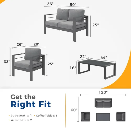 Vista 2 de Solaste Juego de muebles de aluminio para exteriores, juego de conversación de sofá seccional de 4 piezas con mesa de centro de vidrio templado