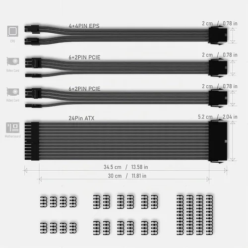 Vista 6 de EZDIY-FAB - Kit de extensión de cable de fuente de alimentación, funda 18 AWG, ATX/EPS/PCIe, 11.8 in, color negro