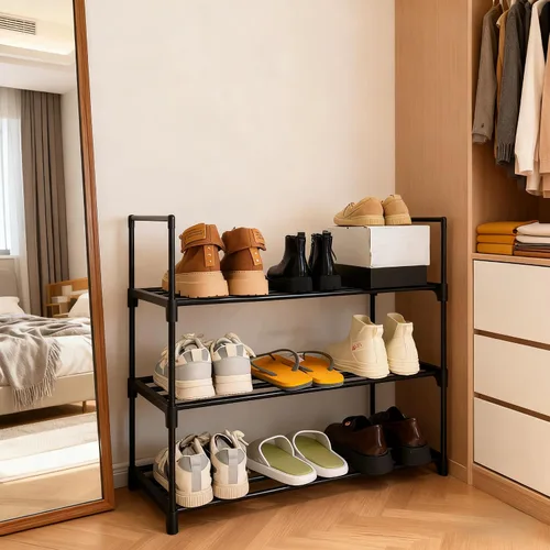 Vista 8 de Organizador de zapatos, estante de almacenamiento de zapatos reversible de metal de 3 niveles que ahorra espacio, para entrada, armario, puerta