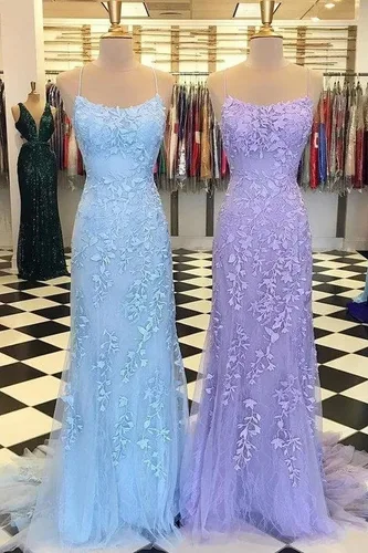 Vista 5 de Vestidos de fiesta de sirena con apliques de encaje, tirantes delgados, vestidos formales de tul, vestidos de noche ajustados para mujer