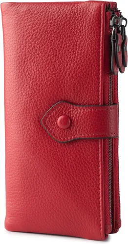 Vista 7 de Bveyzi - Cartera de cuero suave para mujer con bloqueo RFID, billetera plegable con doble cierre, porta-tarjetas para damas Negro