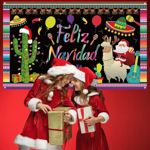 Vista 4 de Decoraciones de Feliz Navidad, telón de fondo para fotografía, pancarta de Navidad mexicana, decoraciones de Navidad y suministros para fiesta