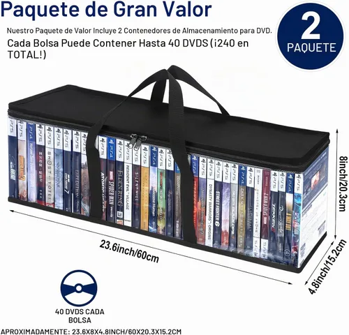 Vista 4 de Bolsas de almacenamiento de DVD CCidea (Set de 2) Funda de PVC transparente con asas para cajas de DVDs/CDs/VHS/Blu Ray/Películas/Videojuegos - Cada