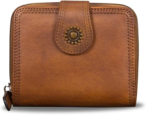 Vista 2 de Billeteras de cuero plegables para mujer, estilo vintage, hechas a mano, pequeño, con cremallera, Marrón, Billetera plegable