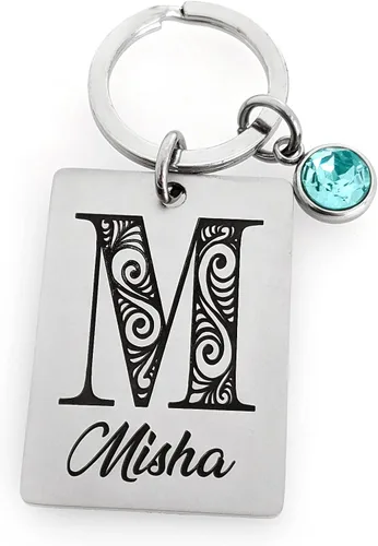 Vista 5 de Custom Initial Keychain with Birthstone – Personalized Stainless Steel Name Keychain, Engraved Monogram Gift for Men or Women, Graduation, Birthday