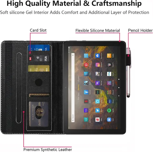 Vista 7 de Funda para tablet Kindle Fire HD 10/Fire HD 10 Plus (11ª generación, versión 2021), funda de piel sintética de alta calidad con ranura para tarjeta