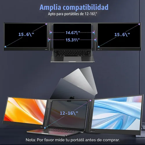 Vista 8 de QQH Extensor de pantalla para laptop, monitor portátil triple de 15.6 pulgadas para laptop con pantalla IPS FHD ultradelgada, pantalla extendida