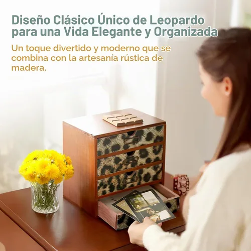 Vista 5 de Organizador de escritorio de madera con estampado de leopardo clásico - Almacenamiento de escritorio de 4 cajones - Gabinete de madera rústico