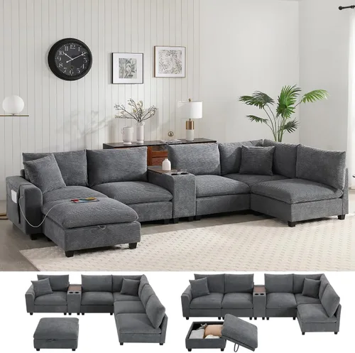 Vista 49 de Sofá modular de 103 pulgadas con 2 consolas acrílicas, juego de sofá en forma de U de gran tamaño con cargador USB, cajones de almacenamiento, Beige
