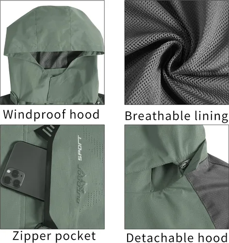 Vista 4 de TEZO Chaqueta impermeable para hombre, con capucha, rompevientos ligera