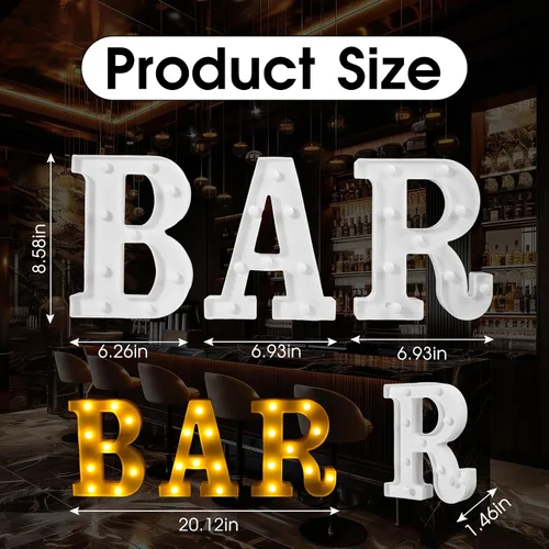 Vista 3 de Letrero de BAR, luces de letras de marquesina iluminadas colgables, luces LED de letras alimentadas por batería para pub丨bar casero丨cafeterías