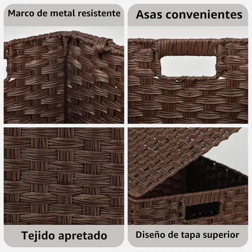 Vista 5 de GRANNY SAYS Canastas de mimbre con tapas, juego de 3 cajas de almacenamiento decorativas, canasta tejida para organizar, canastas de almacenamiento