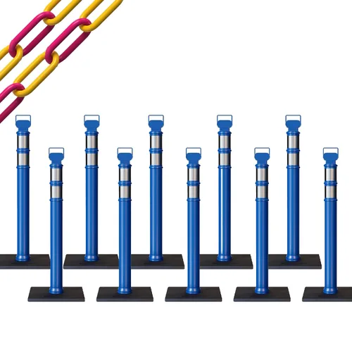 Vista 56 de CCW 10-Pack 45" Delineador Post Kit, 3" Collares reflectantes, 10 lb Base de goma (10 postes azules con cadena negra de 50 pies)