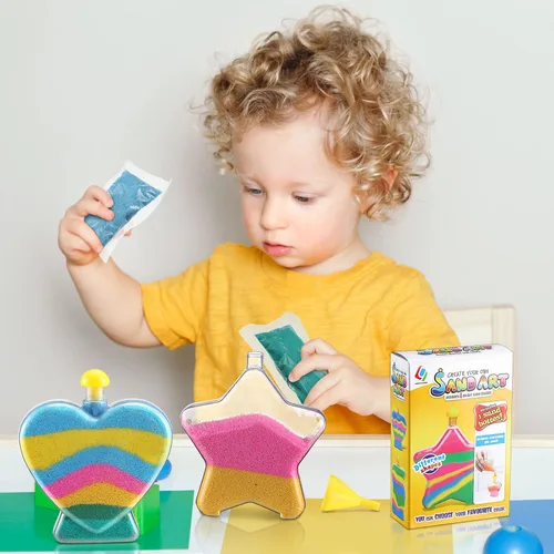 Vista 5 de Deekin 12 juegos de arte de arena para niños, crea tus propias botellas de arte de arena transparente con embudos y palos, botellas