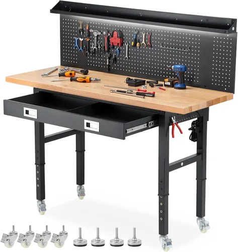 Vista 14 de ENJOYWOOD Mesa de trabajo para garaje de 60 pulgadas Banco de trabajo con almacenamiento Altura ajustable Tablero de madera de goma Banco de trabajo