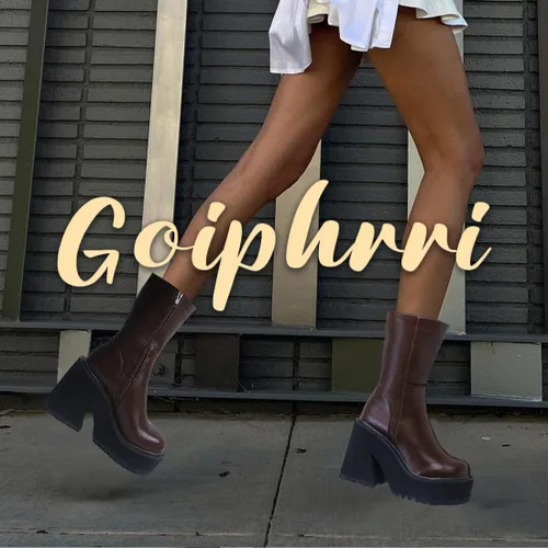 Vista 4 de Goiphrri Botas de tobillo de plataforma para mujer, tacón alto, punta redonda, botas de combate de trabajo, punk, botas de motocicleta, botas