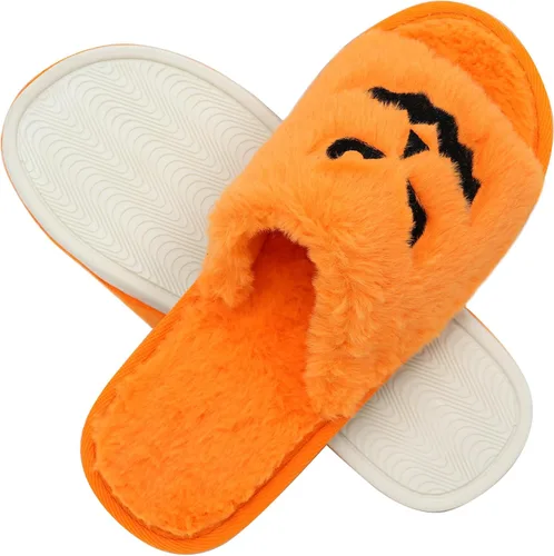 Vista 3 de Lopbraa Pantuflas de calabaza de Halloween mullidas de demonio, pantuflas de murciélago de felpa suave para interiores y exteriores, para mujeres