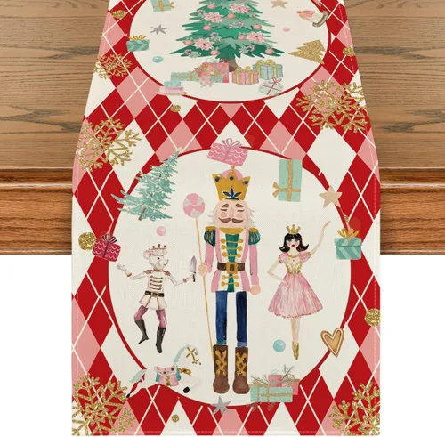 Vista 8 de Artoid Mode Camino de mesa de Navidad con diseño de cascanueces y copos de nieve con diamantes azules a cuadros, decoración estacional de invierno