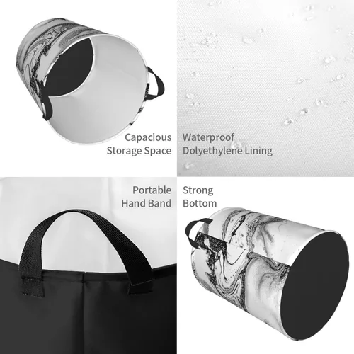 Vista 4 de Cesta de lavandería impresa de mármol blanco y negro con asa duradera, cesta organizadora circular impermeable para cuarto de baño dormitorio