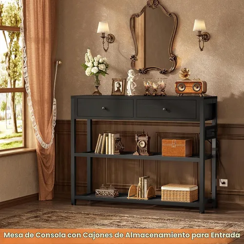 Vista 6 de Ecoprsio Mesa de Entrada con Tomacorrientes y Puertos USB, Mesa Consola con 2 Cajones, Mesa de Sofá Pequeña con Estantes de Almacenamiento para Sala