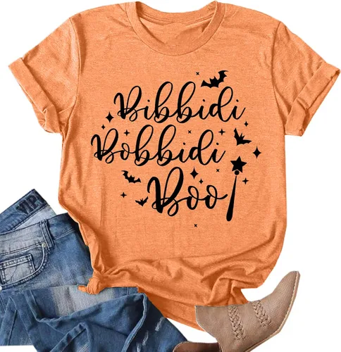 Vista 3 de Bibbidi Bobbidi Boo - Camiseta para mujer, linda camiseta de Halloween divertida con estampado de letras, camisetas casuales para vacaciones