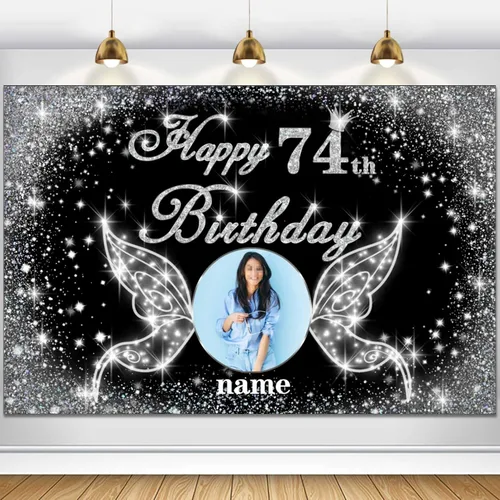 Vista 52 de Cartel personalizado de decoración de fiesta de cumpleaños número 100 - tema de alas de ángel - negro y plateado HY-NLK-100º