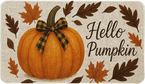 Vista 9 de Mloabuc Felpudo decorativo de otoño naranja con texto divertido de calabaza de bienvenida, tapete para interiores, decoración creativa de temporada