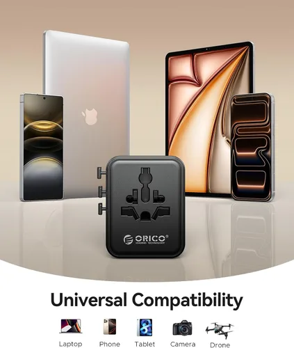 Vista 8 de ORICO Adaptador de viaje universal con 2 CA 2 USB-C y 1 conector USB-A, adaptador de corriente internacional PD 20W, cargador de pared esencial