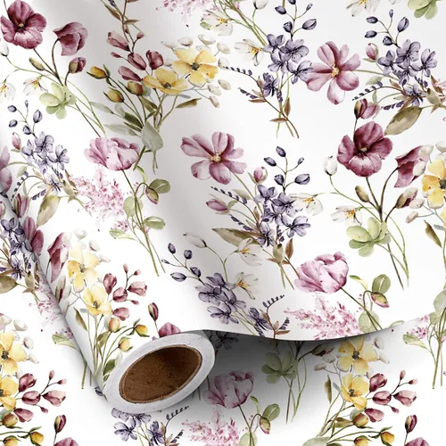 Vista 16 de RUSPEPA Papel de regalo reversible floral para niñas y mujeres, mini rollo, acuarela azul floral y azul sólido papel de regalo para cumpleaños