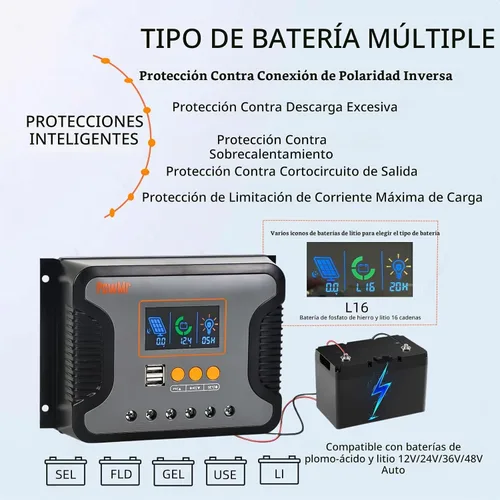 Vista 2 de PowMr Controlador de carga solar PWM de 30 A, 12 V/24 V/36 V/48 V, con pantalla LCD, puerto USB para AGM, gel, inundada y batería de litio