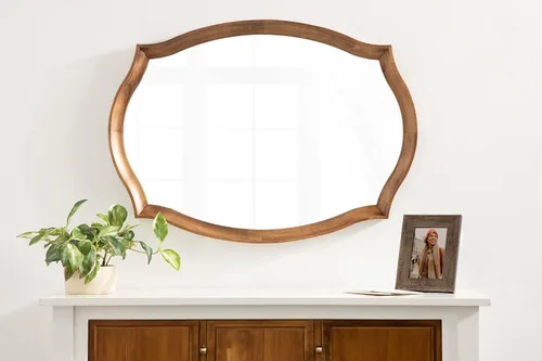 Vista 3 de Kate and Laurel Hatherleigh Espejo de pared ovalado festoneado de transición; 24 x 34; marrón rústico; espejo rectangular decorativo de madera