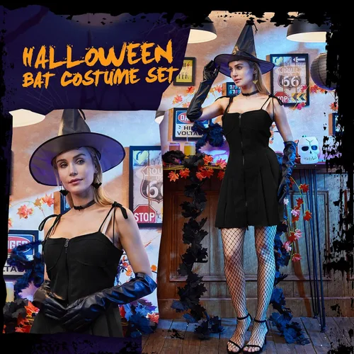 Vista 7 de Ramede 5 Pcs Halloween Witch Hat Accessories, Include Black Wide Brim Pointed Hat, Lace Bat Choker, Cool Earrings Gothic Jewelry Set, PU Leather
