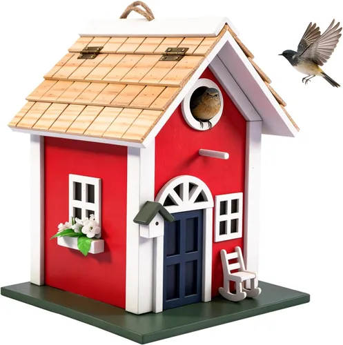 Vista 10 de MEWANG Comedero colgante para pájaros al aire libre, casa decorativa de madera para pájaros sin cámara para colibríes, cardenales y pájaros azules