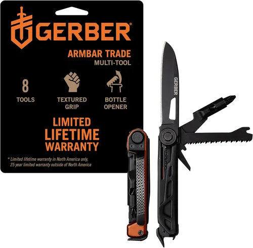 Vista 10 de Gerber Gear Armbar Trade 8-en-1 Multiherramienta - Cuchilla de 6.35 cm de borde liso, palanca, martillo - Equipo EDC y accesorios - Plata