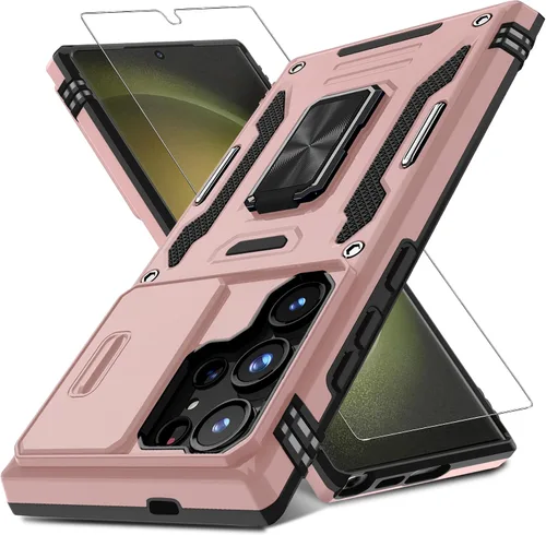 Vista 23 de DEERLAMN Funda para Samsung Galaxy S23 con Cubierta Deslizante para Cámara + Protector de Pantalla (2 Paquetes), Soporte de Anillo Giratorio