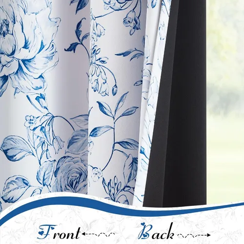 Vista 3 de Beauoop - Cortinas florales 100% blackout, de 84 pulgadas de largo, 2 paneles, para dormitorio, sala de estar, azul marino y blanco