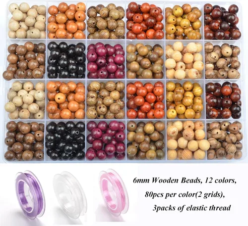 Vista 4 de MASSIVE BEADS - KIT de 960 cuentas de madera redondas sueltas mixtas naturales de 6 mm para hacer joyas, con hilo e agujas (12 de madera, 6 mm)