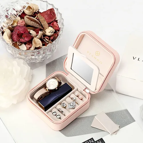 Vista 7 de Vlando City Beauty - Joyero organizador rosa pequeño organizador de viaje con espejo rosa