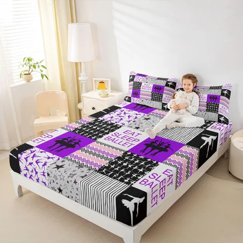 Vista 22 de Sábana bajera ajustable de ballet para niñas, juego de ropa de cama de ballet para danza de ballet, sábanas de cama con rayas geométricas onduladas